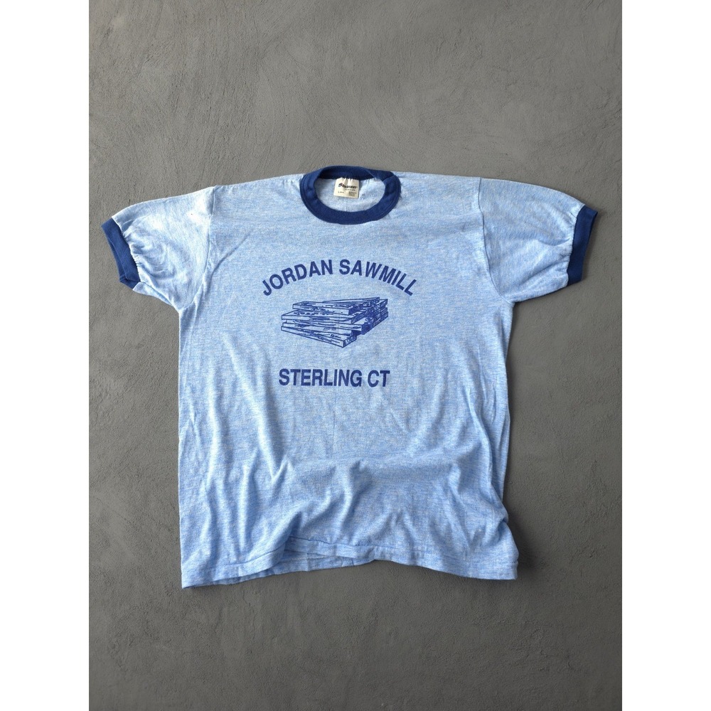 Vintage 1980s Jordan Sawmill Stedman Blue Ringer T-shirt USA Made L